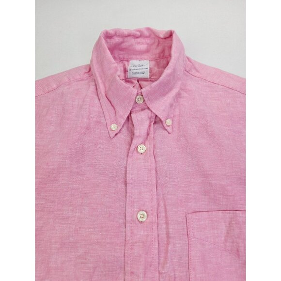 Brooks Brothers Size Medium Pink All Irish Linen Short Sleeve Button Down Shirt - Picture 5 of 10